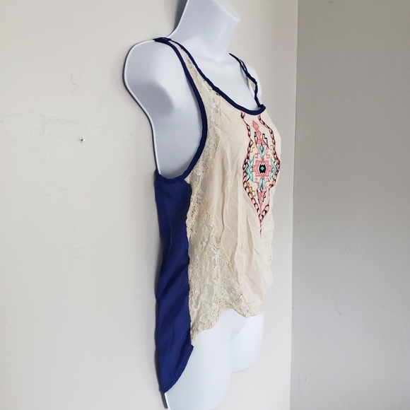 Kate Collection Blue High Low Tank Top Embroidery - Picture 3 of 6